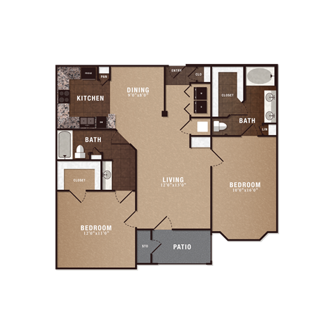 Floor plan for 2 beds, 2 baths, 1262 sqft